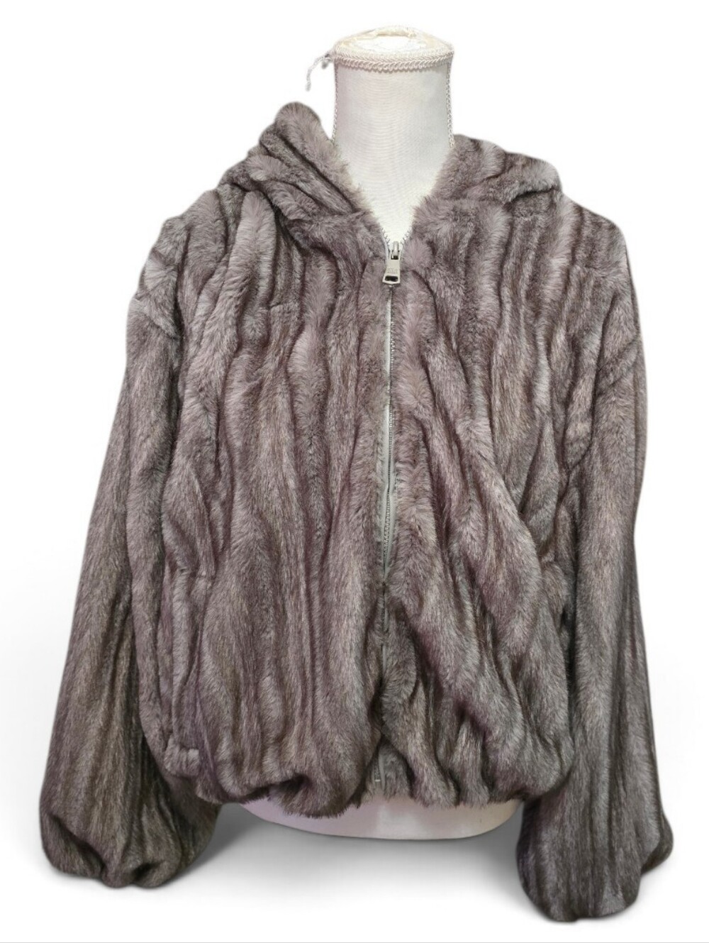 Steve Madden Faux Fur Hooded Zip Jacket - Gray